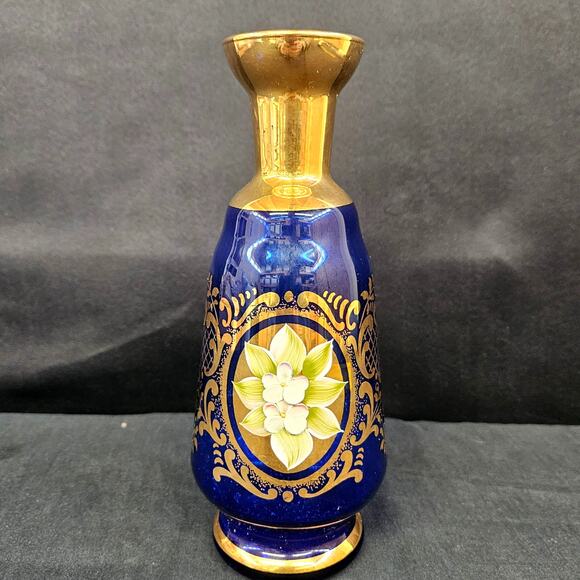 Hut Jakub Tasice Blue Cobalt Gilded Vase with Enamel Hand Painting Czech 8" - Picture 1 of 9
